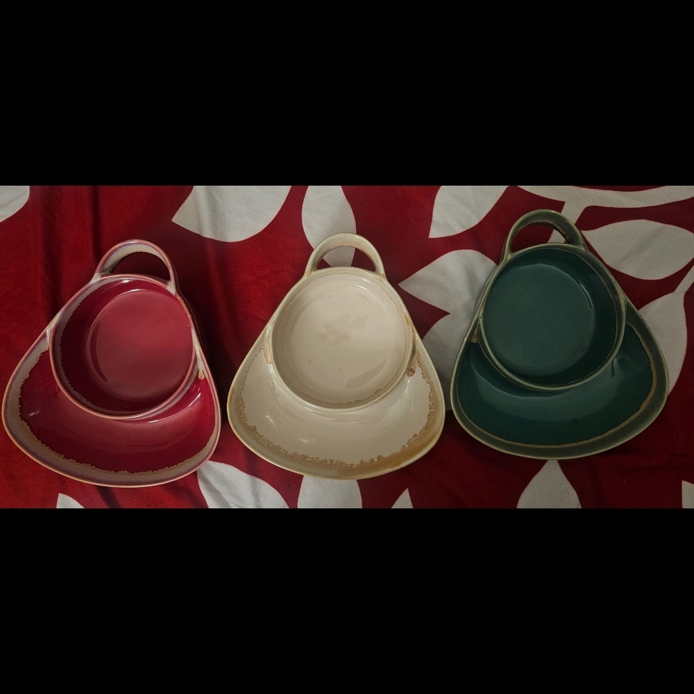 Set of Three Ceramic Plates in Red, Cream, and Green
